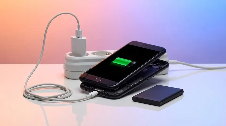 Telefon batarya değişimi ve şarj aleti ile dolu pil göstergesi