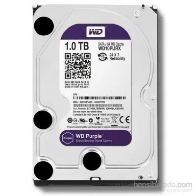 1 TB WD 3.5 PURPLE SATA3 5400RPM 64MB 7/24 GUVENLIK WD10PURZ (3 YIL RESMI DIST GARANTILI) 