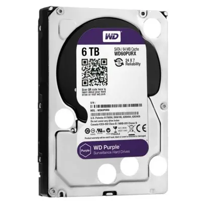 6 TB WD 3.5 PURPLE SATA3 5400RPM 64MB 7/24 GUVENLIK WD60PURZ (3 YIL RESMI DIST GARANTILI)  