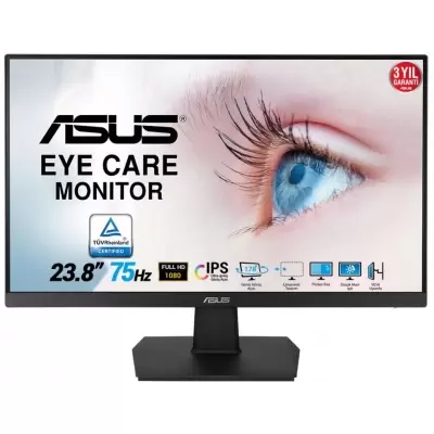 23.8 ASUS VA24EHE IPS 5MS 75MHZ 1XVGA 1XHDMI 1XDVI FHD 1920X1080 EYE CARE FLICKER-FREE DÜŞÜK MAVİ IŞIK ÇERÇEVESİZ VESA 