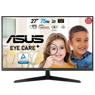 27 ASUS VY279HE IPS 1MS 75MHZ 1XHDMI FHD 1920X1080 FREESYNC EYECARE DÜŞÜK MAVİ IŞIK ÇERÇEVESİZ VESA SİYAH  