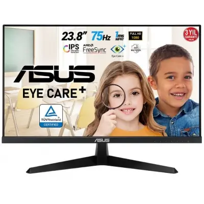 23.8 ASUS VY249HE 1MS 75MHZ 1XHDMI FHD 1920X1080 EYE CARE FLICKER-FREE FREESYNC DÜŞÜK MAVİ IŞIK ÇERÇEVESİZ VESA SİYAH  