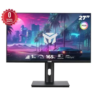 27 CUBE PA-27V165F VA 1MS 165HZ 2XHDMI 2XDP 2K QHD 2560X1440 FREESYNC YUKSEKLIK AYARI VESA PIVOT RGB SIY  