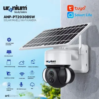 URANIUM ANP-PT2030BSW 2MP 3.6MM LENS WIFI 30MT IR+ 5MT BEYAZ LED ÇİFT YÖNLÜ KONUŞMA IP65 SOLAR PANEL KAMERA(TUYA SMART) 