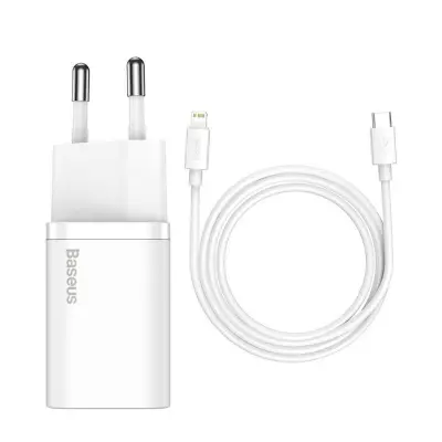 BASEUS SUPER SI TZ 20W TYPE-C DUVAR SARJI VE LIGHTNING TO TYPE-C KABLO SETLİ BEYAZ TZCCSUP-B02 